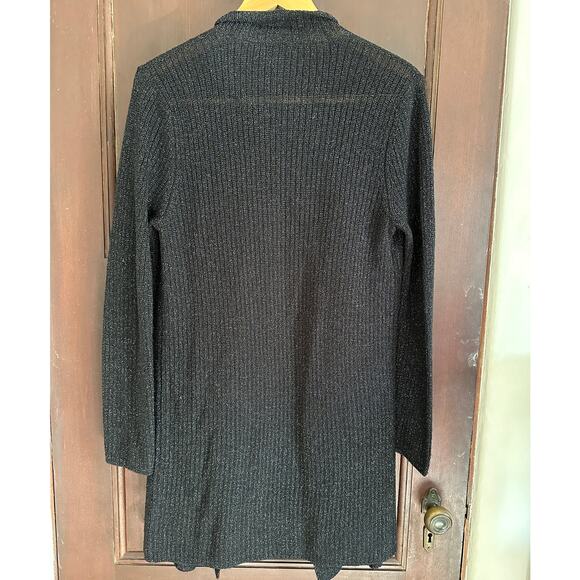 EILEEN FISHER | Black Merino Wool Sparkle Long Open Front Cardigan | Extra Small - Picture 2 of 4